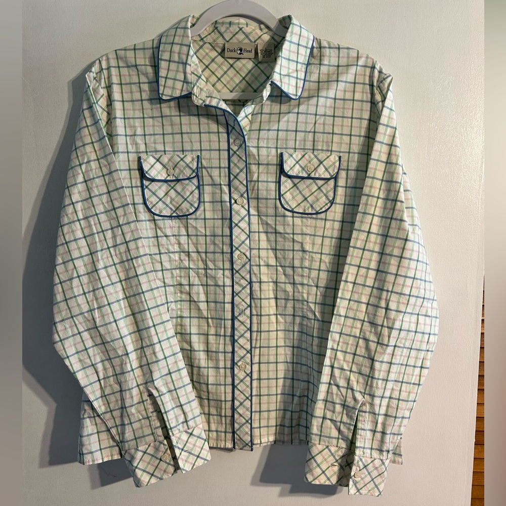 Vintage Duck Head Plaid Button Up Shirt Breast Pockets Piping Detail Womens L